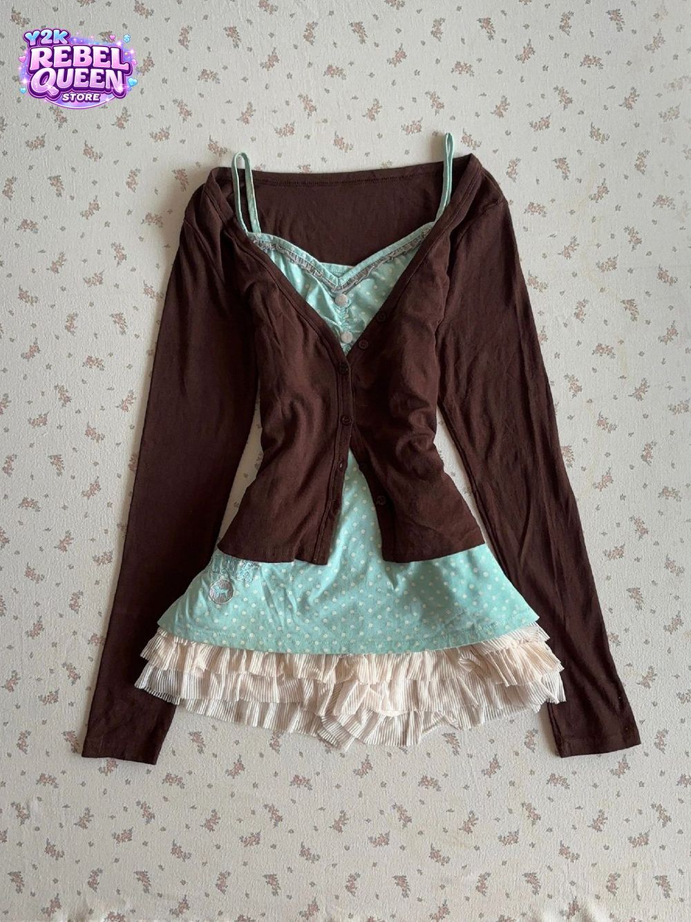 Elastic Lace Trim - ヴィンテージY2Kコケットキャミソールドレスセット レディース ポルカドット ラッフルヘム ミニスカート クロップドカーディガン