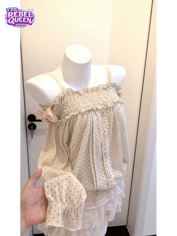 Elastic Lace Trim - 甘い日本のヴィンテージ風プチスカートセット レディース コールドショルダー 水玉模様 ルシュボウ ラッフルトリム
