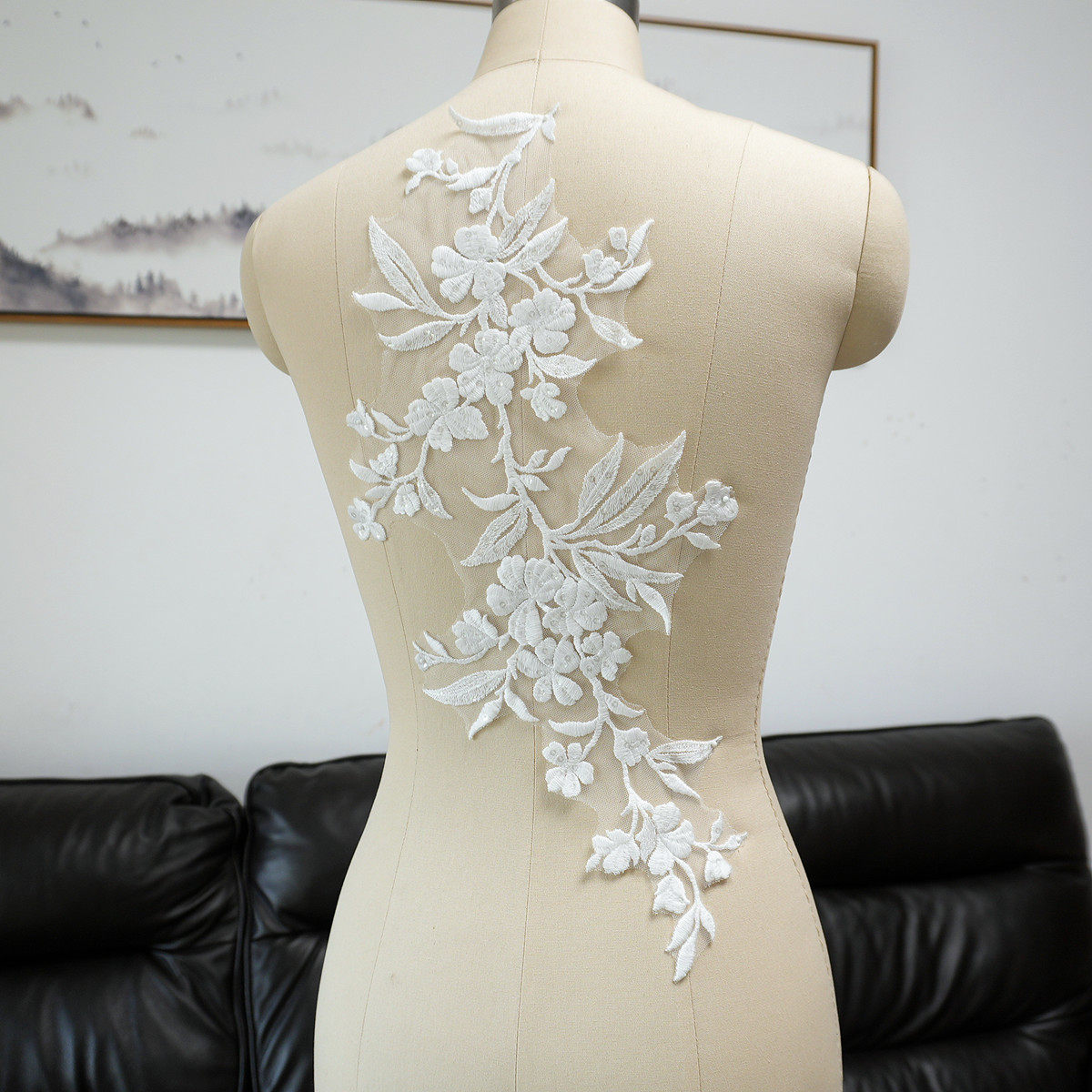 Craft Embellishment - 白い花柄の葉っぱのスパンコールアップリケパッチ生地、ウェディングドレス、ベール、ヘッドウェア、DIYクラフト装飾アクセサリー用